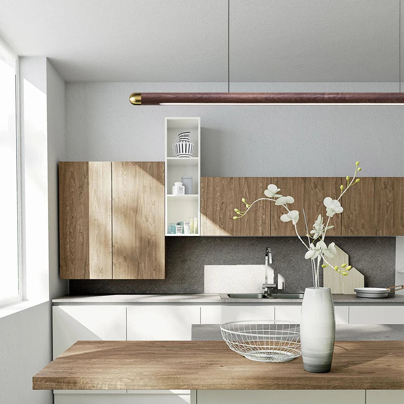 solid wood pendant over kitchen island