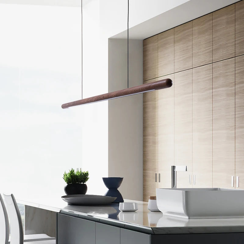 solid wood rounded pendant over kitchen island