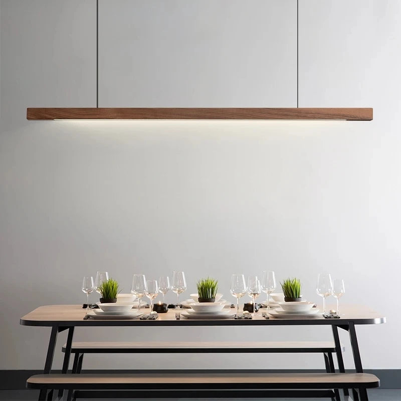 wood pendant light in dining room